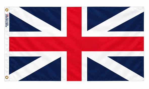 Historic British Union flag with red upright cross, white borders and white diagonal cross on blue, FORTISVEX heading and brass grommets, on a white background