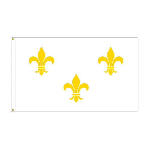 White Three Fleur-de-lis 3x5 Feet flag with three gold fleurs-de-lis on a white field and a white grommet heading.