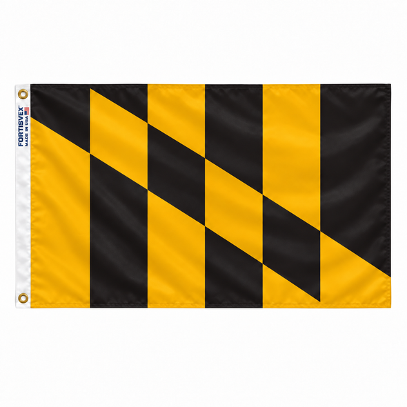 Lord Baltimore flag with black and gold vertical bars and diagonal pattern, FORTISVEX white heading and brass grommets, on a white background