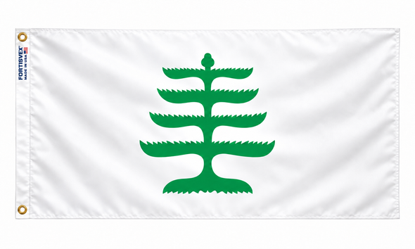 Pine Tree flag with a green pine tree centered on white, FORTISVEX white heading and brass grommets, shown on a white background