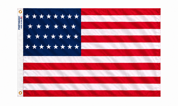 29-star American flag with thirteen red and white stripes, FORTISVEX white heading and brass grommets, shown on white