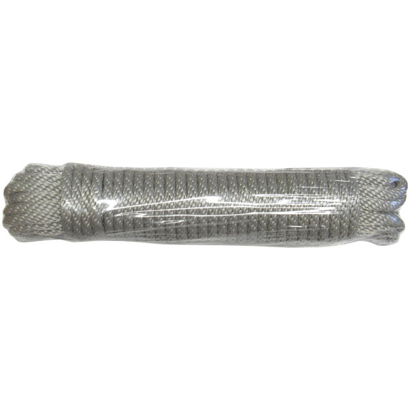 Silver pre-bagged polyester flagpole halyard; representative supplier photo for SKU 350154, not a length or diameter comparison