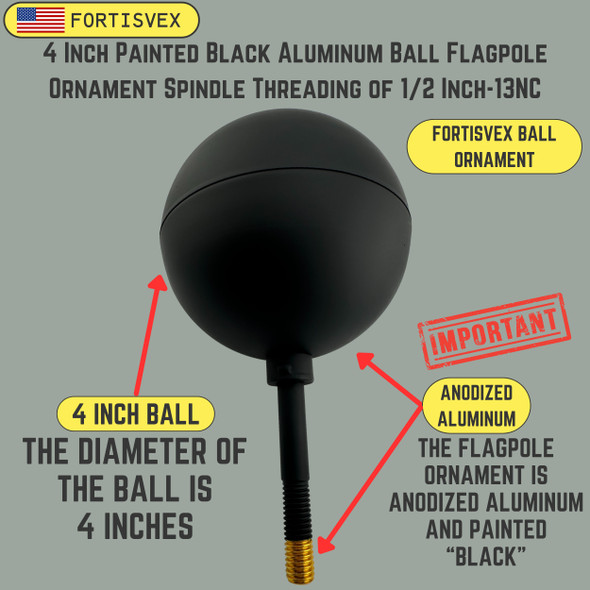 4 Inch Painted Black Aluminum Ball Flagpole Ornament 1/2 Inch-13NC Spindle Thread 330022