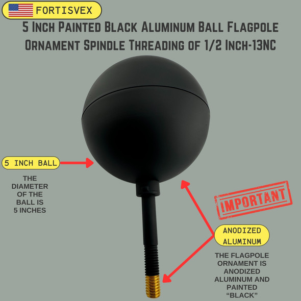5 Inch Painted Black Aluminum Ball Flagpole Ornament 1/2 Inch-13NC Spindle Thread 330023