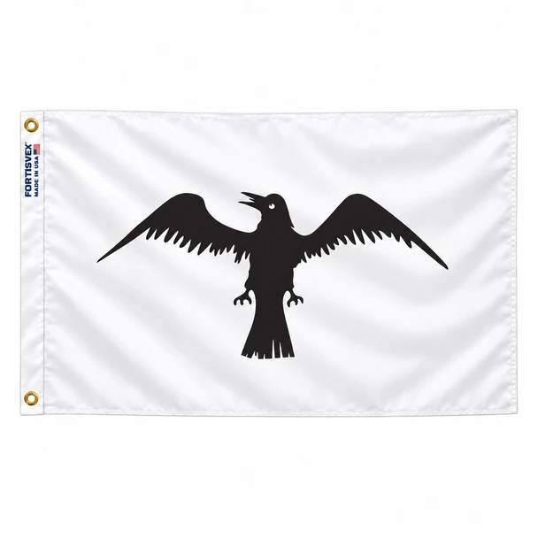 Raven flag with a black bird spreading its wings on white, FORTISVEX white heading and brass grommets, shown on a white background