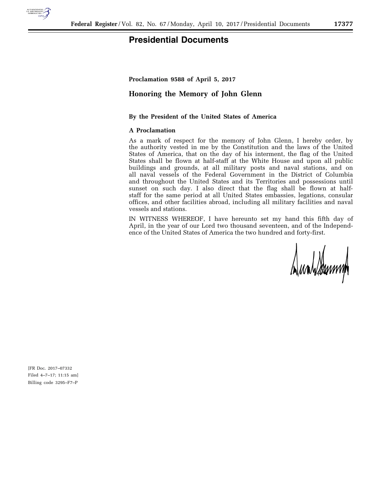 Federal Register page 17377: John Glenn proclamation with reproduced presidential signature