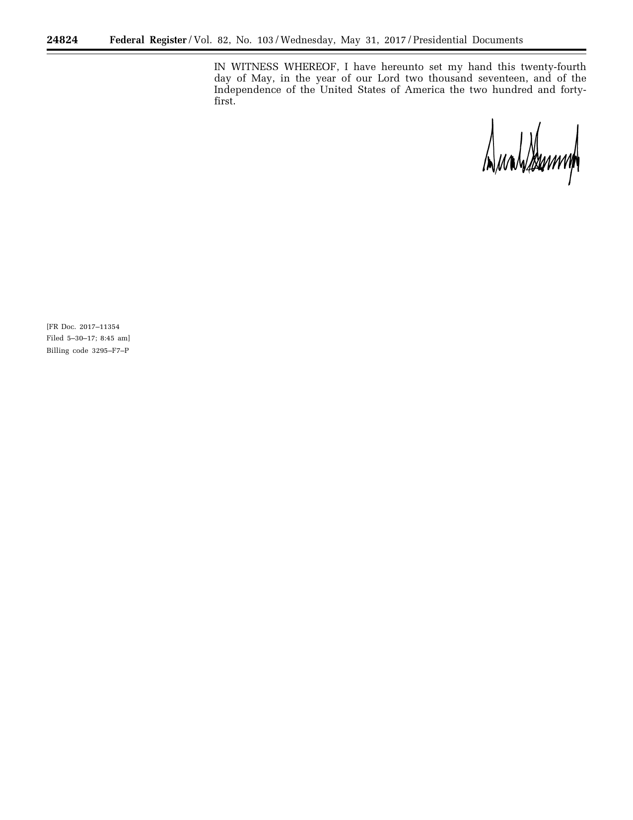 Prayer for Peace, Memorial Day, 2017: official Federal Register signature-page reproduction