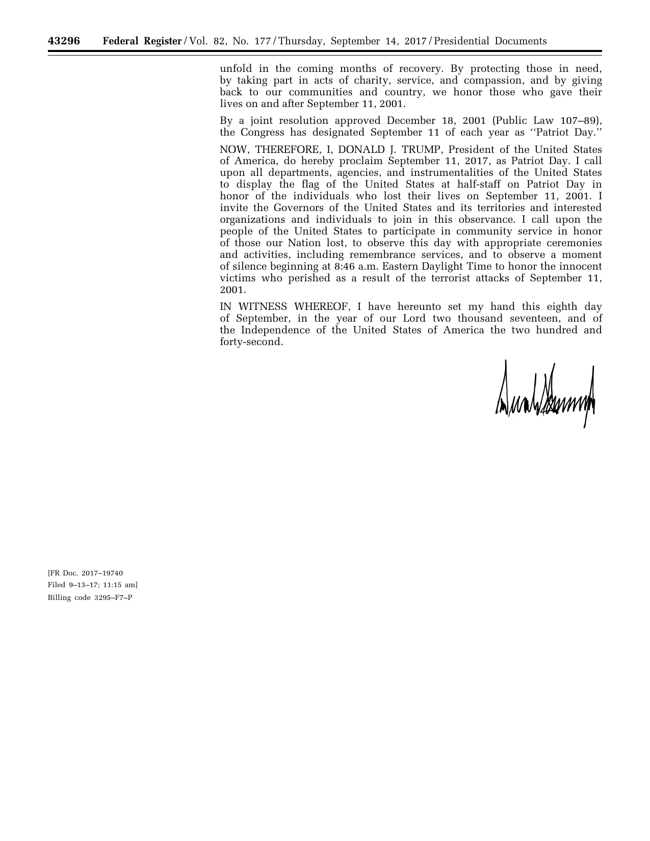 Patriot Day, 2017: official Federal Register signature-page reproduction