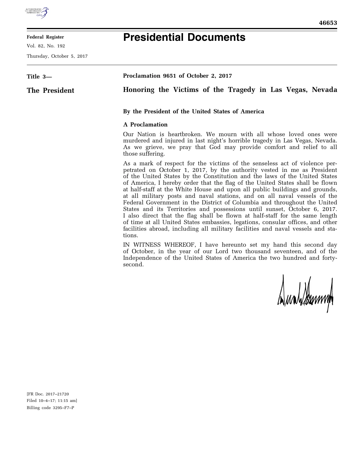 Honoring the Victims of the Tragedy in Las Vegas, Nevada: official Federal Register signature-page reproduction