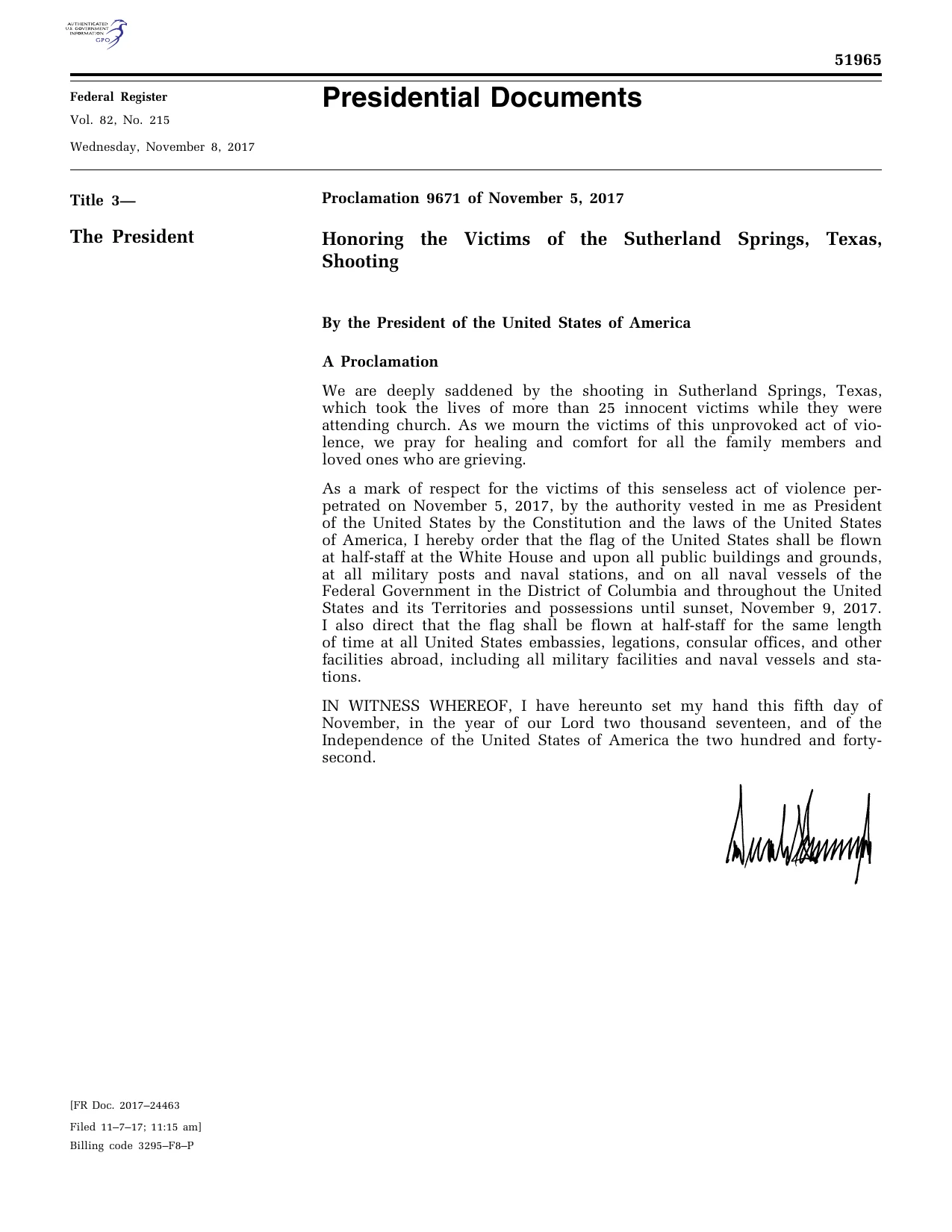 Honoring the Victims of the Sutherland Springs, Texas, Shooting: official Federal Register signature-page reproduction