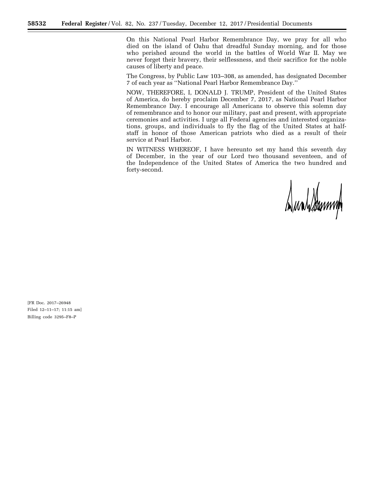 National Pearl Harbor Remembrance Day, 2017: official Federal Register signature-page reproduction
