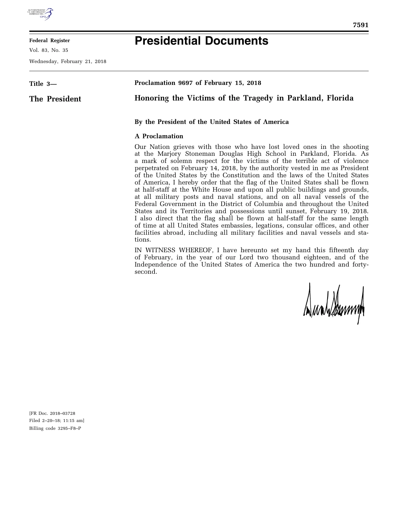 Honoring the Victims of the Tragedy in Parkland, Florida: official Federal Register signature-page reproduction
