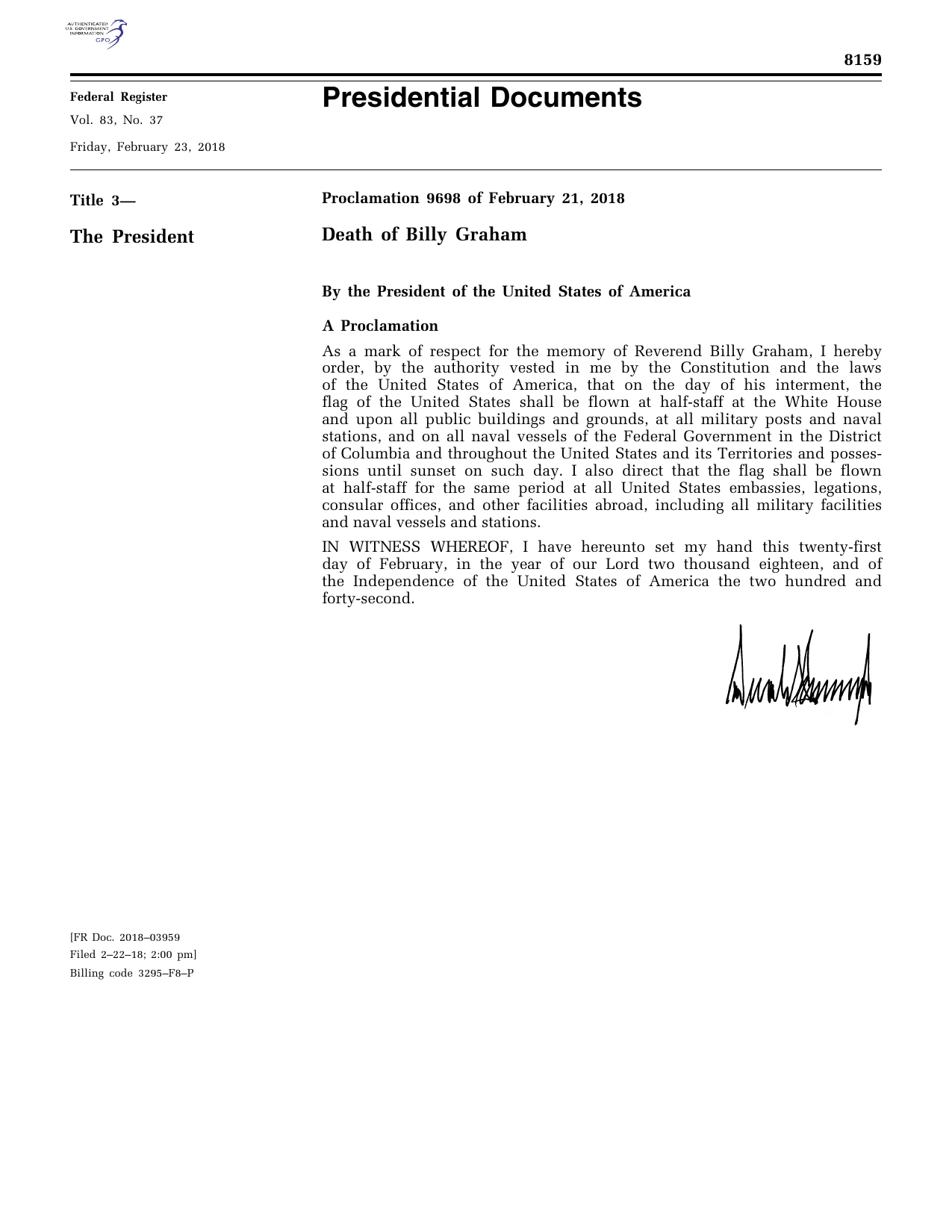Death of Billy Graham: official Federal Register signature-page reproduction