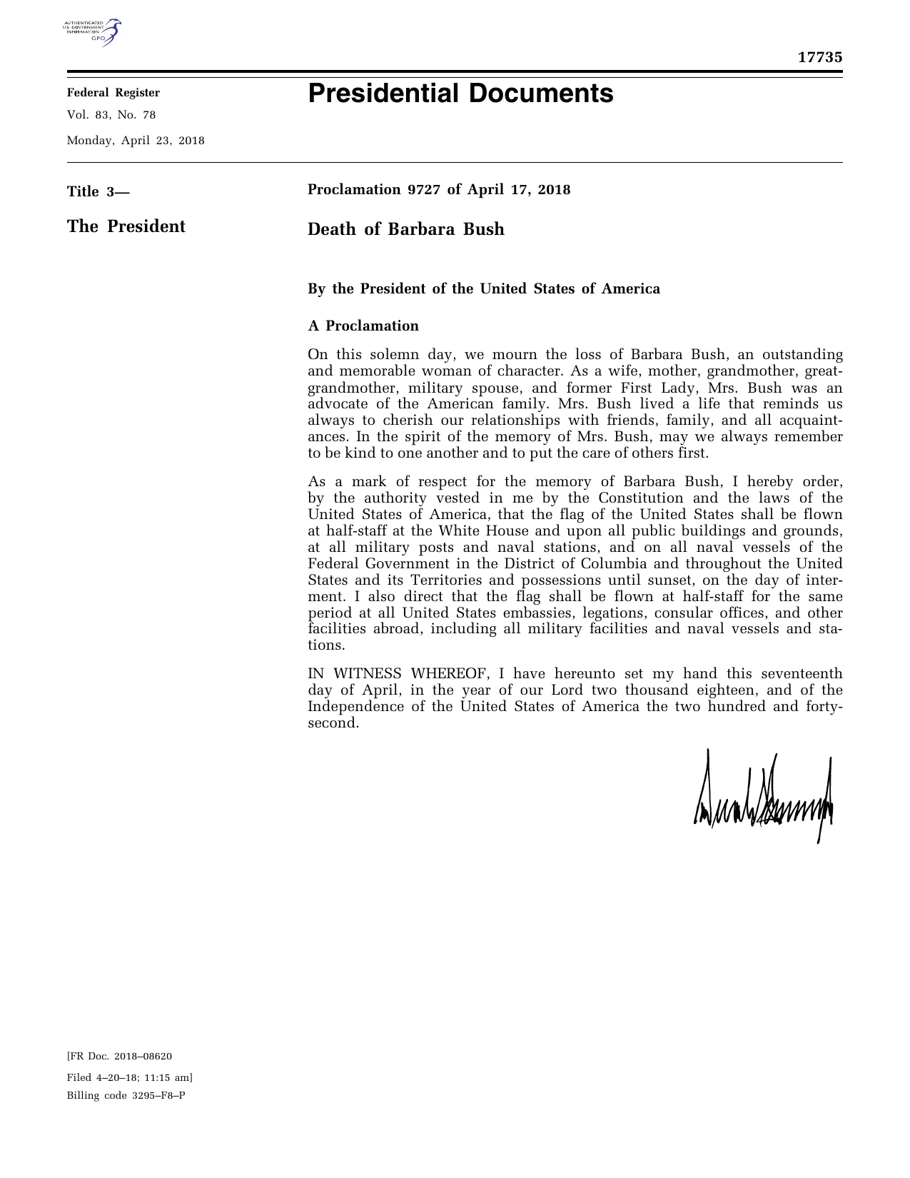 Death of Barbara Bush: official Federal Register signature-page reproduction
