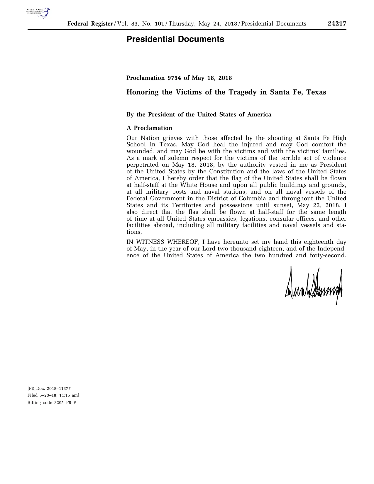 Honoring the Victims of the Tragedy in Santa Fe, Texas: official Federal Register signature-page reproduction