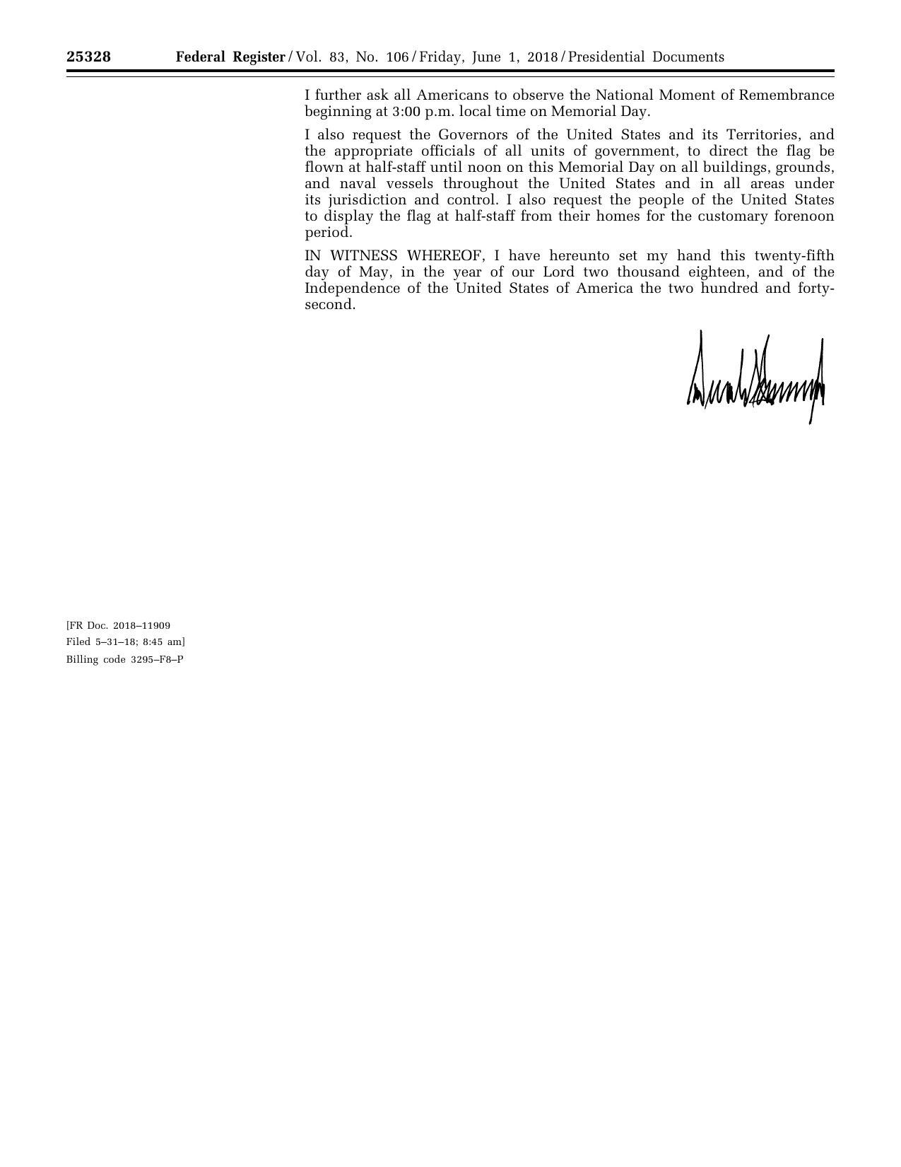 Prayer for Peace, Memorial Day, 2018: official Federal Register signature-page reproduction