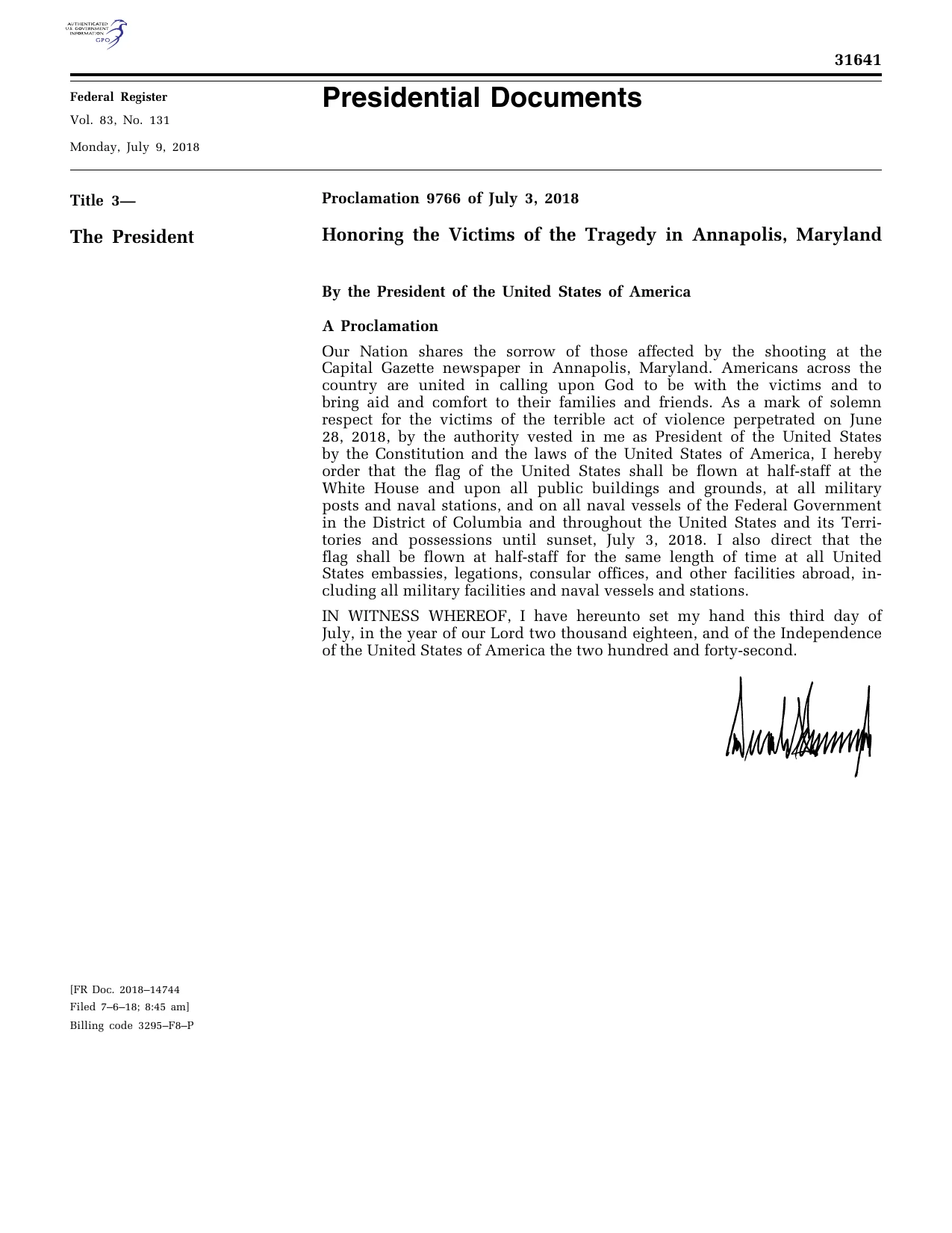 Honoring the Victims of the Tragedy in Annapolis, Maryland: official Federal Register signature-page reproduction