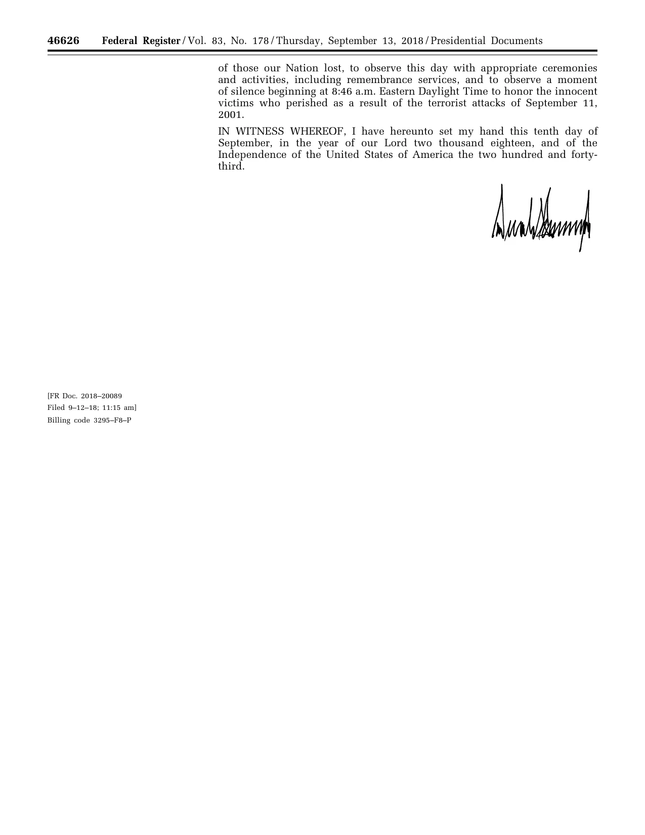 Patriot Day, 2018: official Federal Register signature-page reproduction