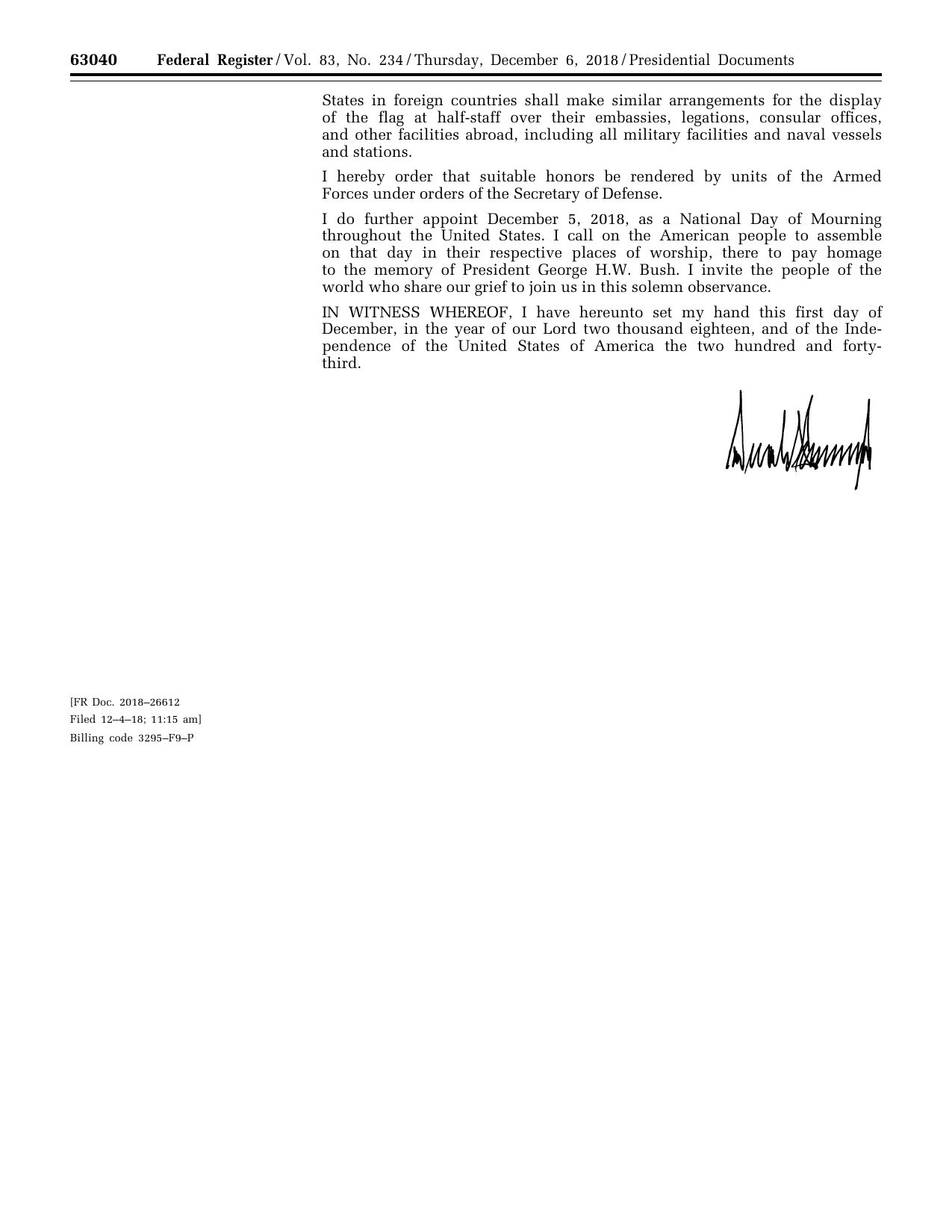 Announcing the Death of George Herbert Walker Bush: official Federal Register signature-page reproduction