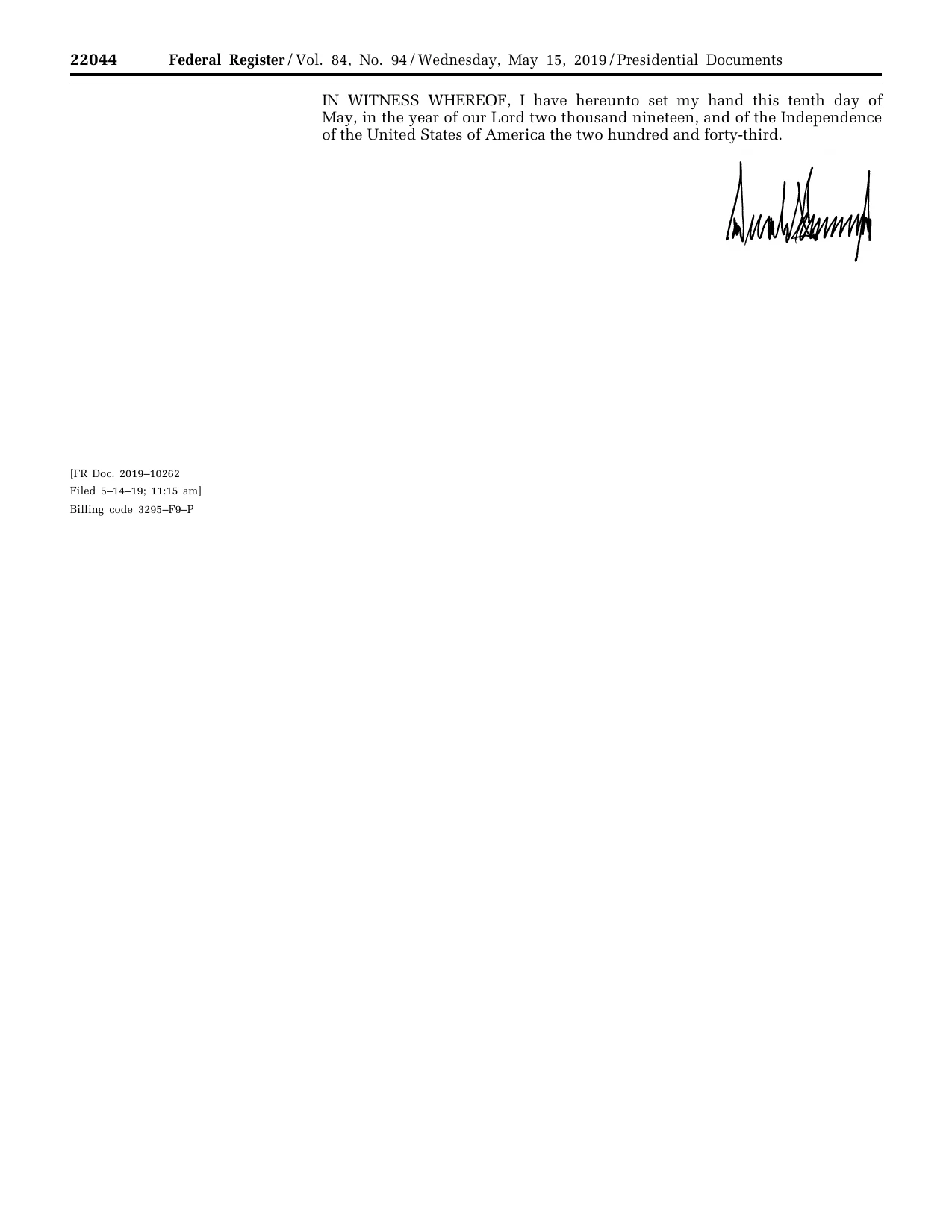 Peace Officers Memorial Day and Police Week, 2019: official Federal Register signature-page reproduction