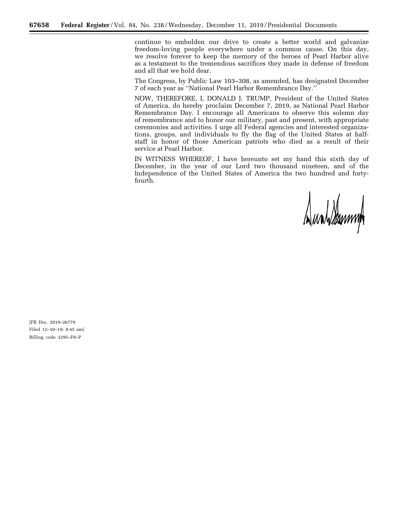 National Pearl Harbor Remembrance Day, 2019: official Federal Register signature-page reproduction