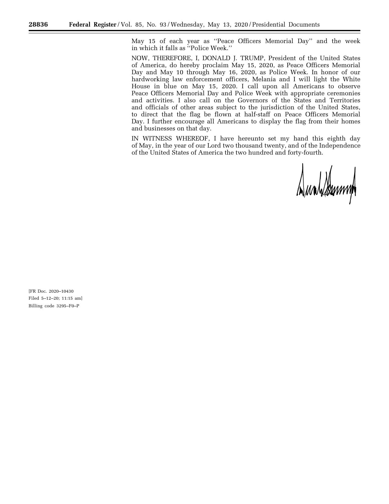 Peace Officers Memorial Day and Police Week, 2020: official Federal Register signature-page reproduction