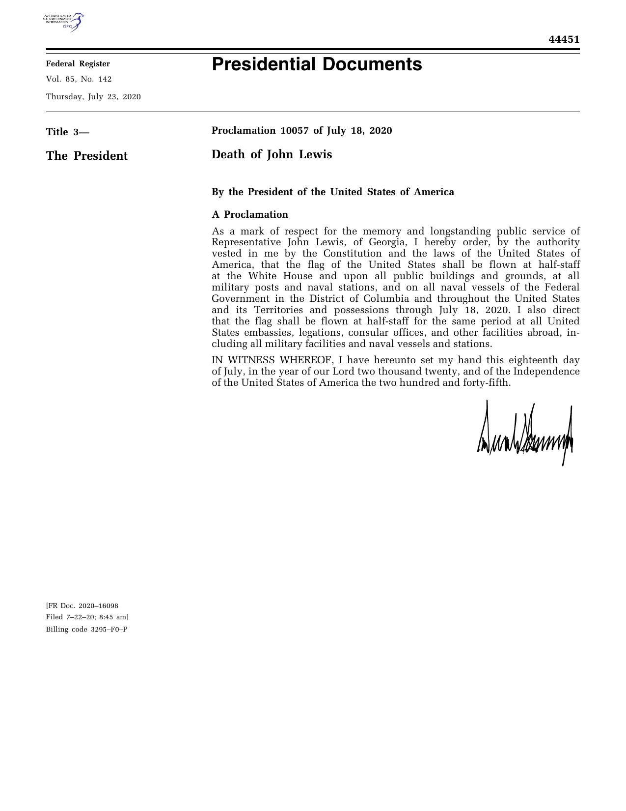 Death of John Lewis: official Federal Register signature-page reproduction