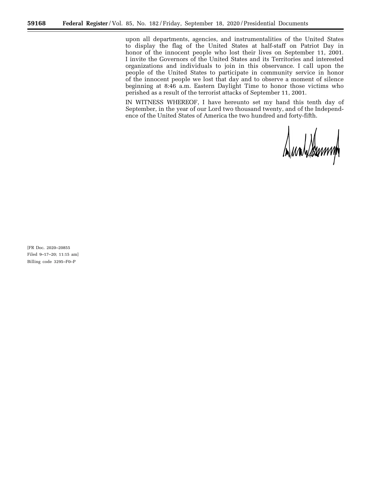 Patriot Day, 2020: official Federal Register signature-page reproduction