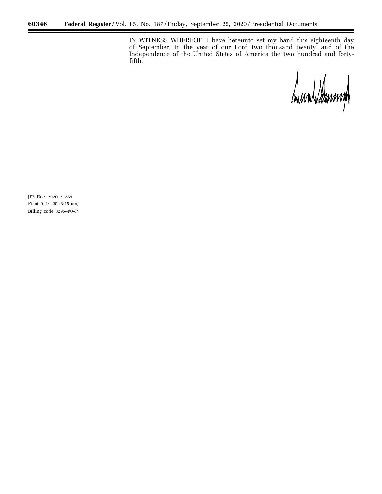 Death of Ruth Bader Ginsburg: official Federal Register signature-page reproduction