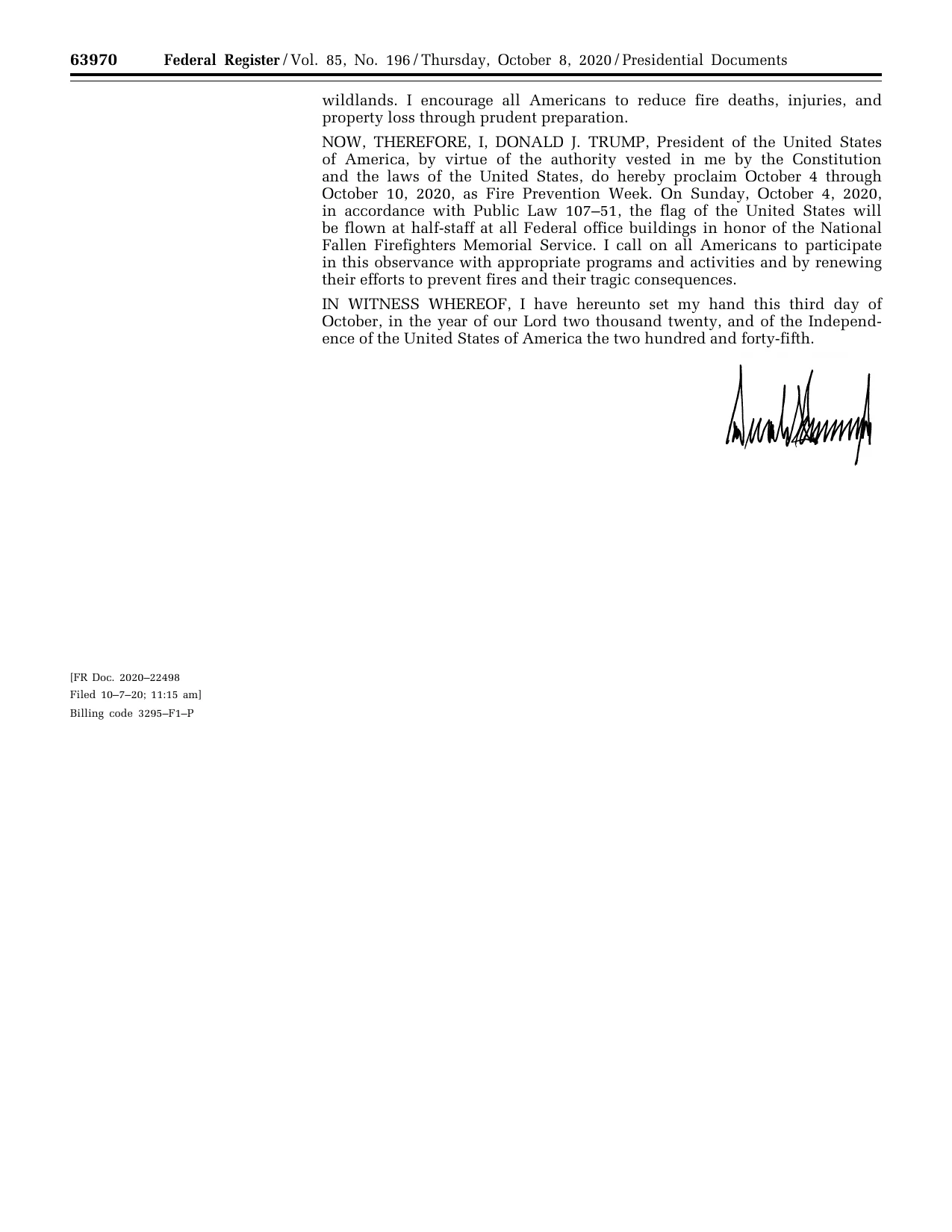 Fire Prevention Week, 2020: official Federal Register signature-page reproduction