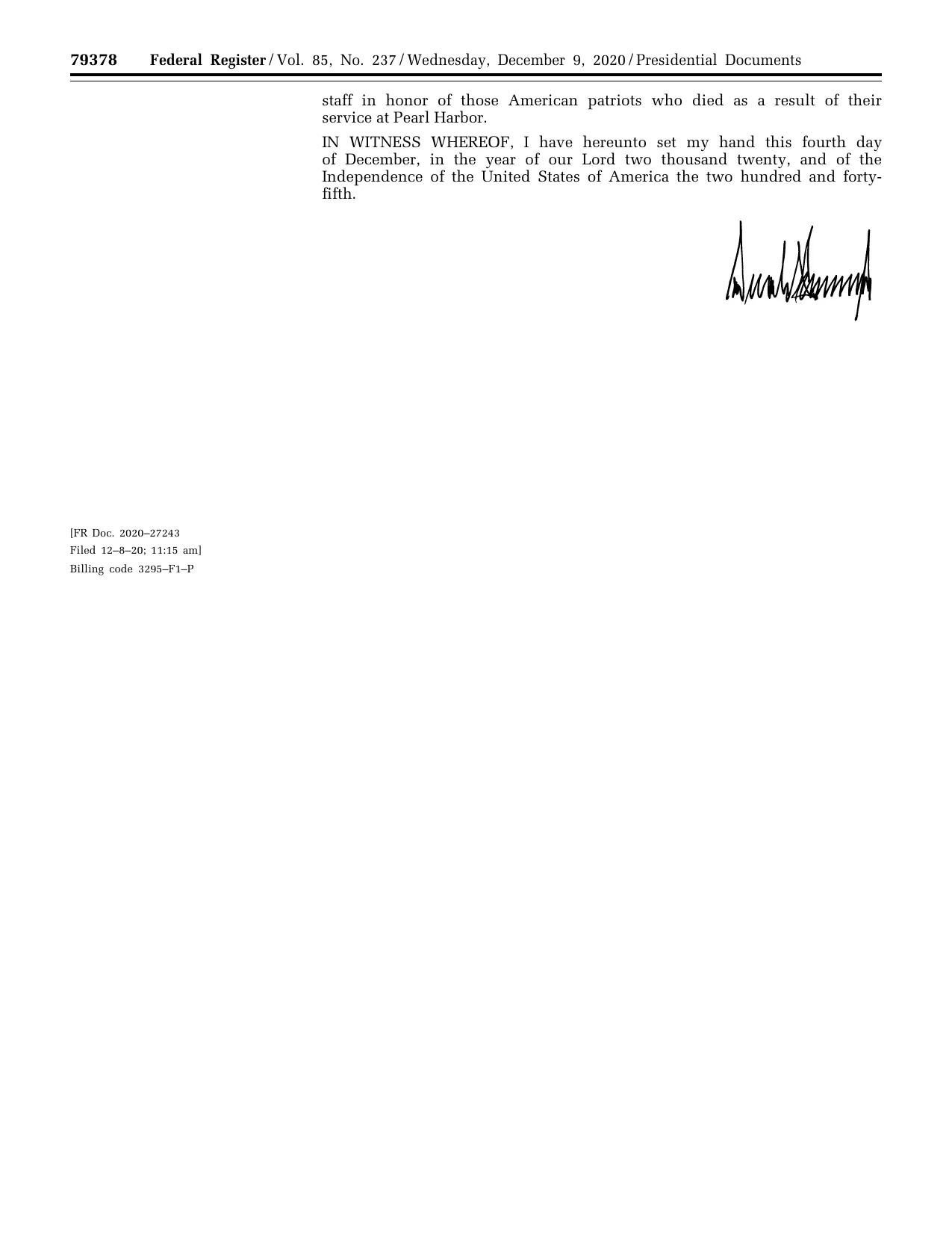 National Pearl Harbor Remembrance Day, 2020: official Federal Register signature-page reproduction