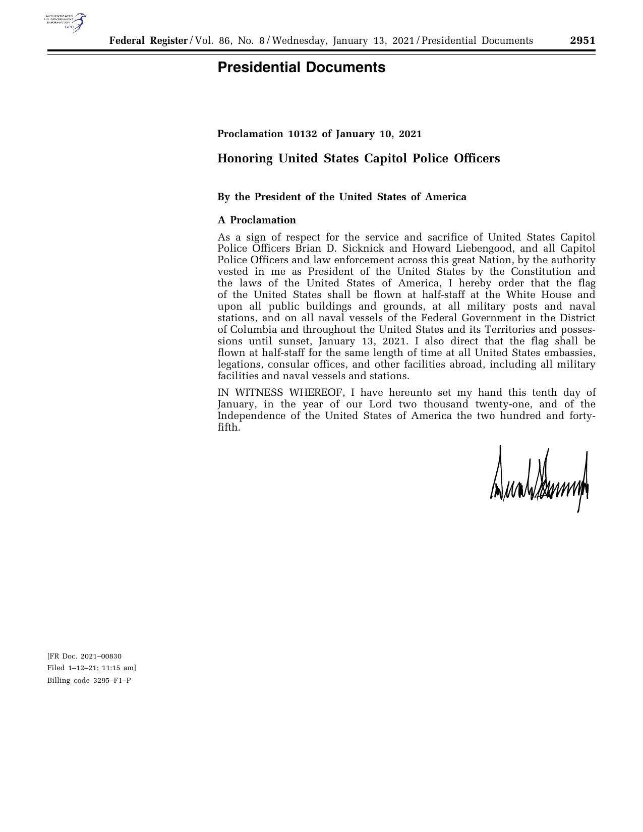 Honoring United States Capitol Police Officers: official Federal Register signature-page reproduction