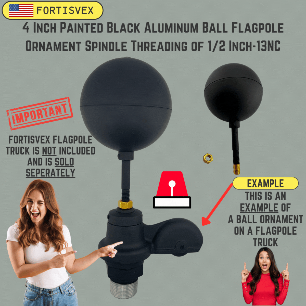 4 Inch Painted Black Aluminum Ball Flagpole Ornament Spindle Threading of 1/2 Inch-13NC 330022