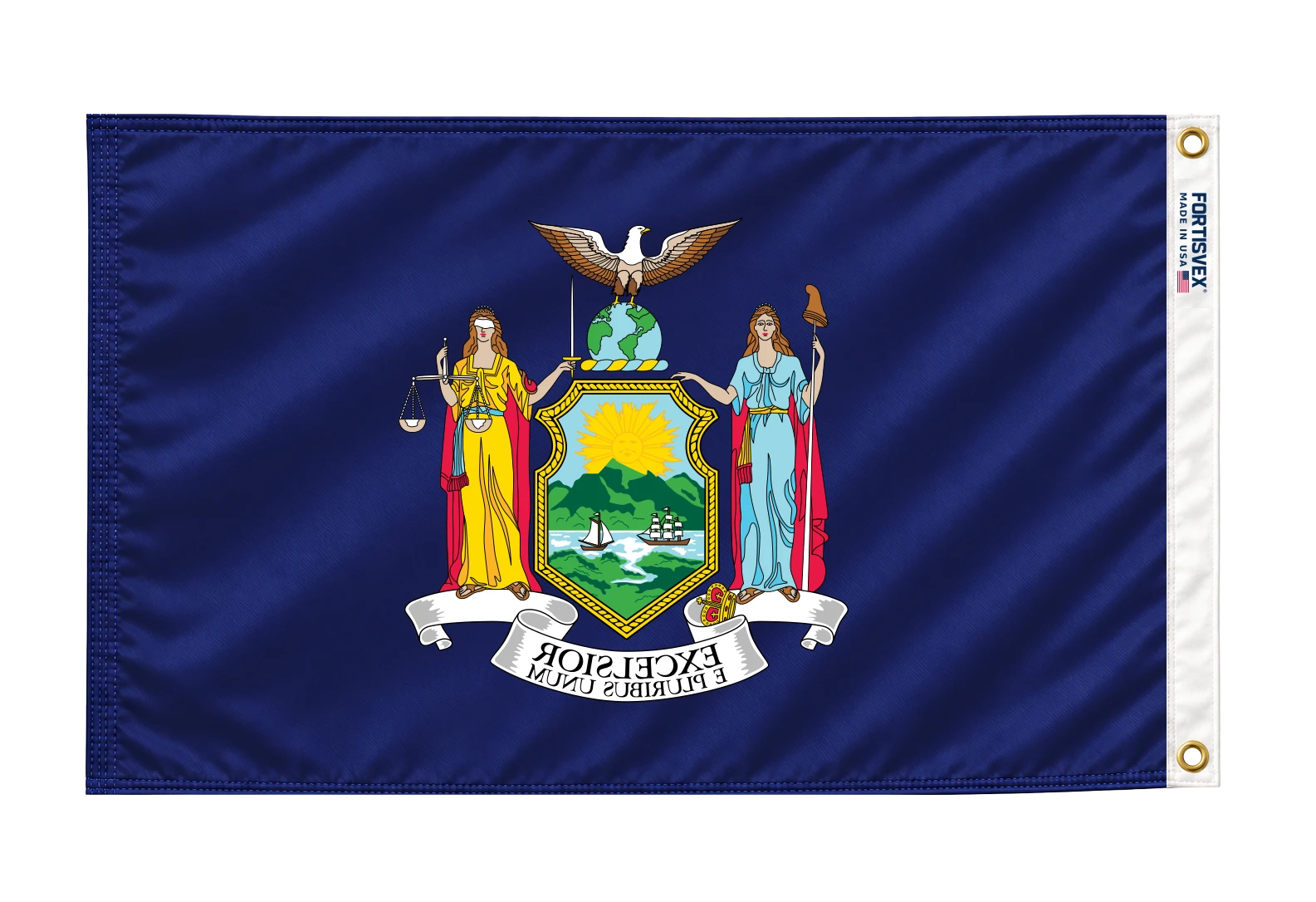Back view of the New York flag: reversed artwork with the readable FORTISVEX heading on the right.