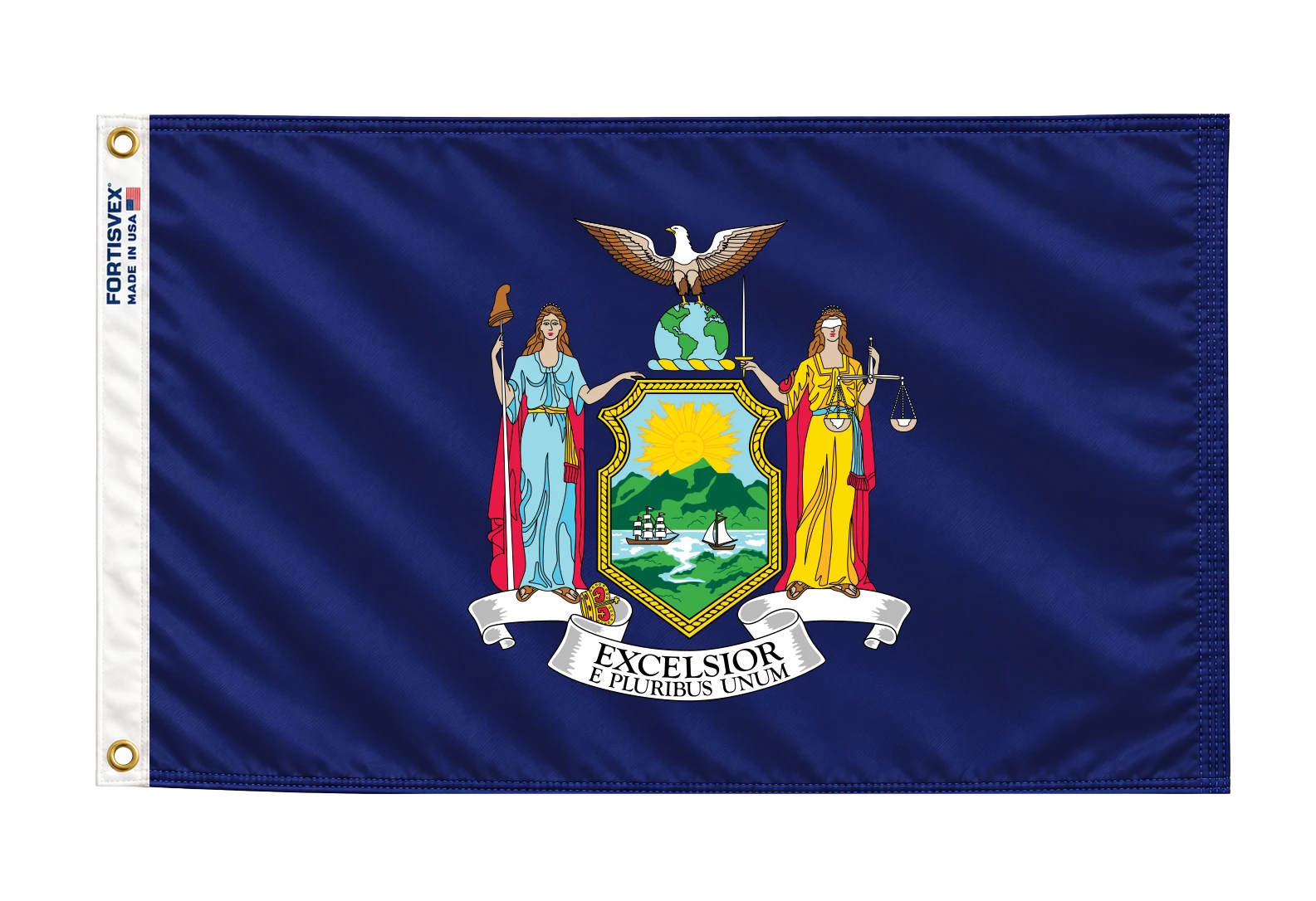 FORTISVEX New York flag with white heading, two brass grommets and New York coat of arms on blue.