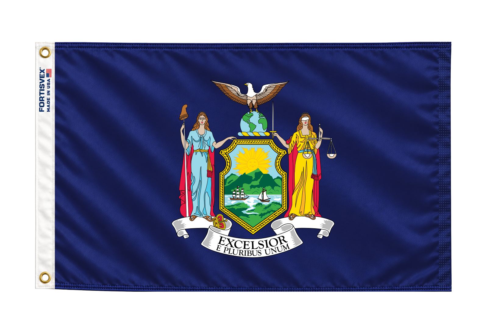 FORTISVEX New York flag with white heading, two brass grommets and New York coat of arms on blue.