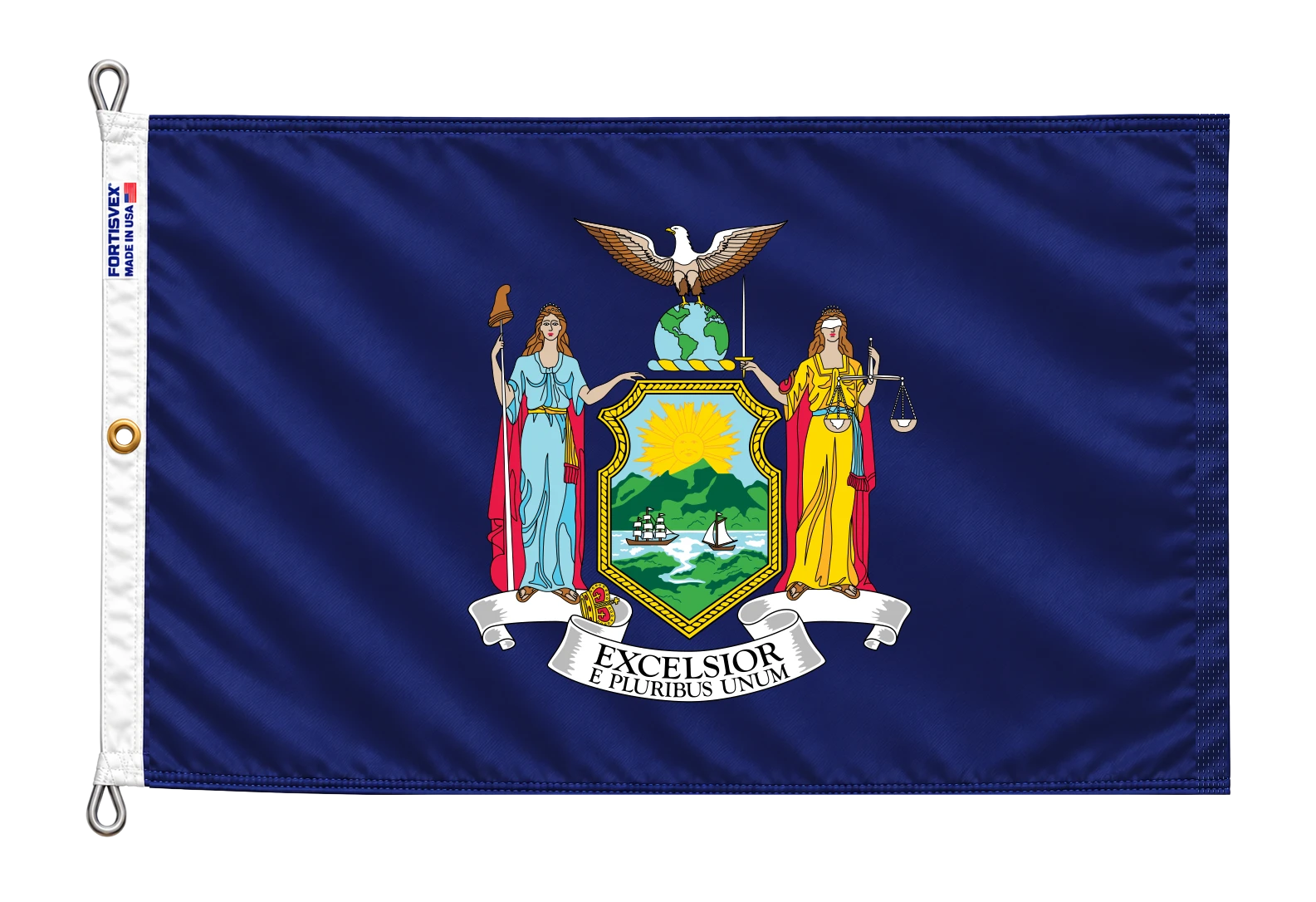 FORTISVEX New York flag with white heading, rope, two end thimbles, one center brass grommet and New York coat of arms on blue.