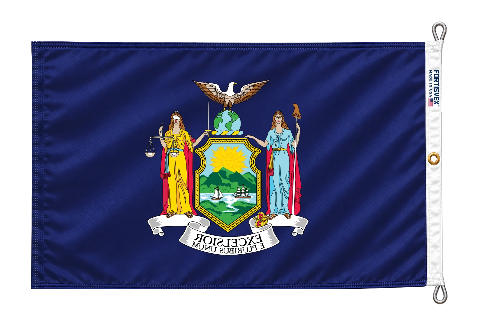 Back view of the New York flag: reversed artwork with the readable FORTISVEX heading on the right.
