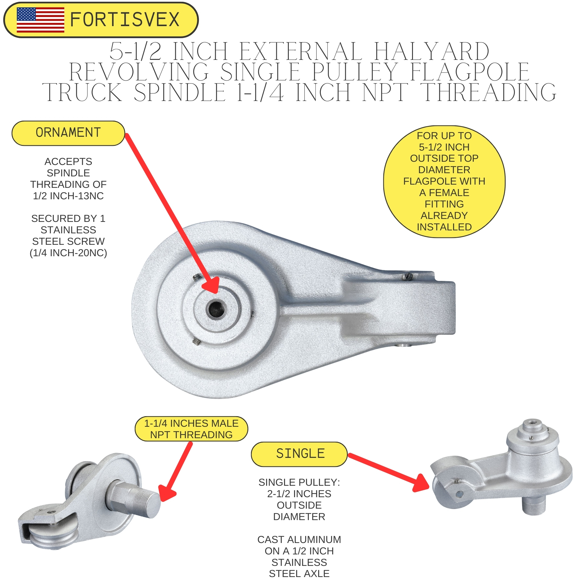 Cast Aluminum External Halyard Revolving 1-1/4 Inch NPT Threading Spindle Single Pulley Up to 5-1/2 Inch Flagpole Truck