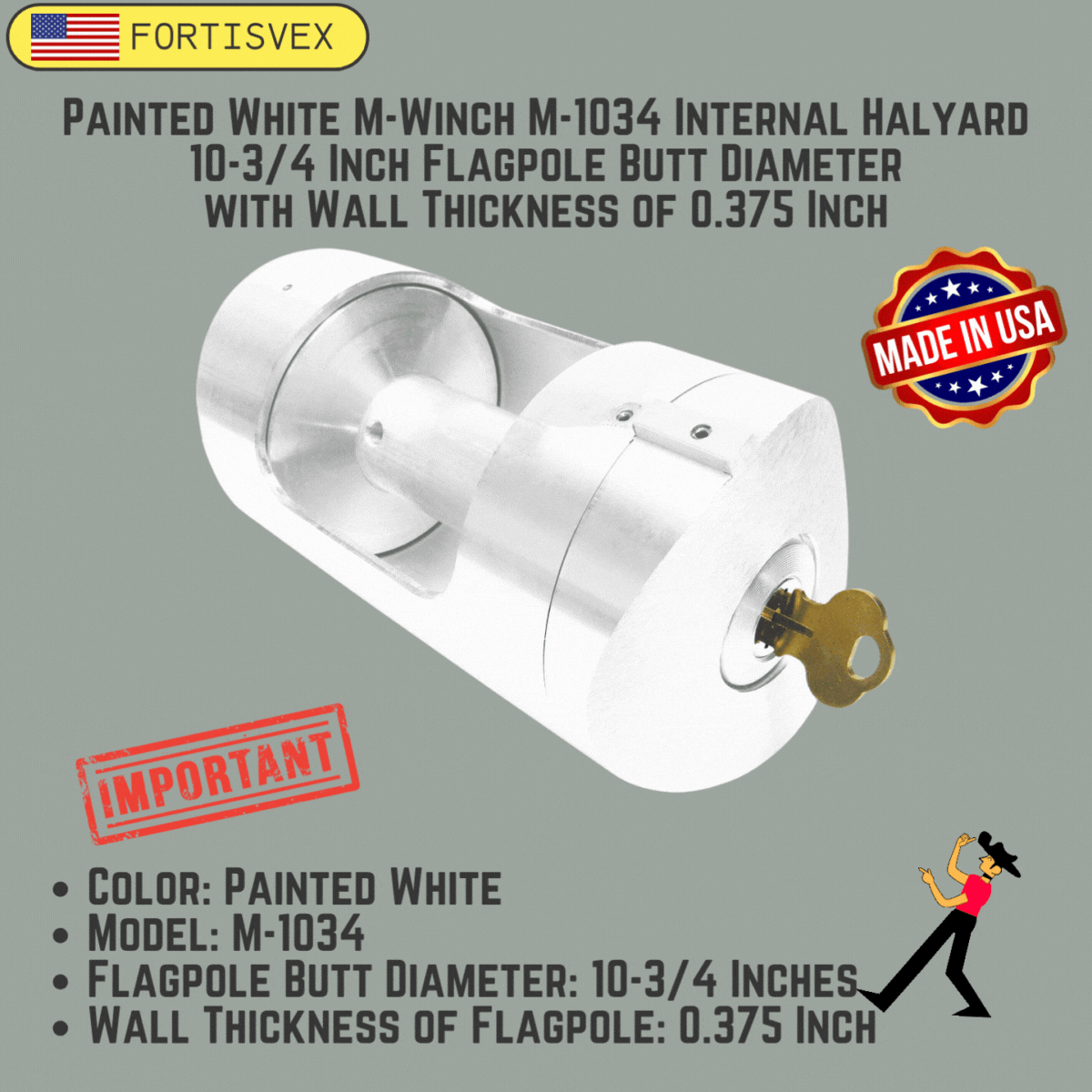 White M-Winch M-1034 Internal Halyard 10-3/4 Inch Flagpole Butt Diameter with Wall Thickness of 0.375 Inch 360032