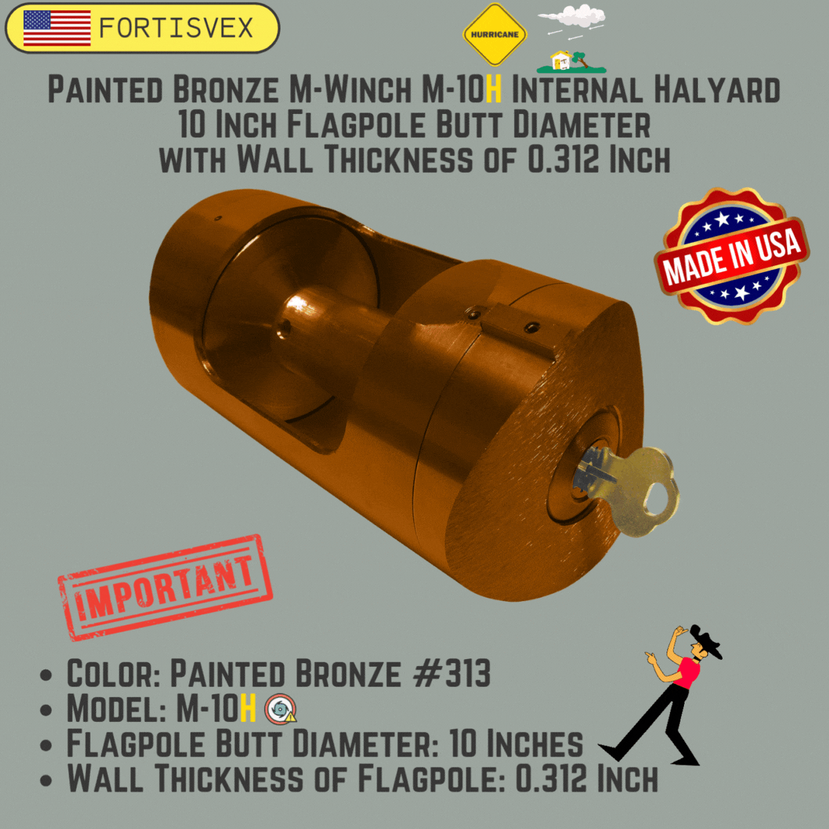 Bronze #313 M-Winch M-10H Internal Halyard 10 Inch Flagpole Butt Diameter with Wall Thickness of 0.312 Inch 360510