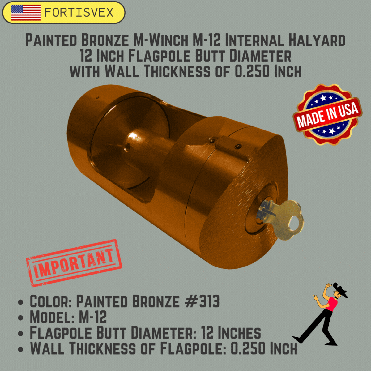 Bronze #313 M-Winch M-12 Internal Halyard 12 Inch Flagpole Butt Diameter with Wall Thickness of 0.250 Inch 360468