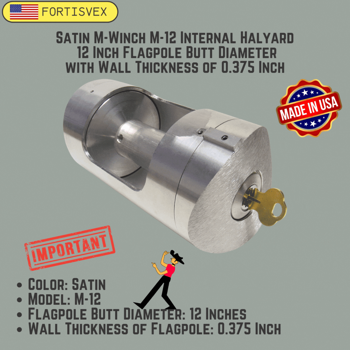 Satin M-Winch M-12 Internal Halyard 12 Inch Flagpole Butt Diameter with Wall Thickness of 0.375 Inch 360006