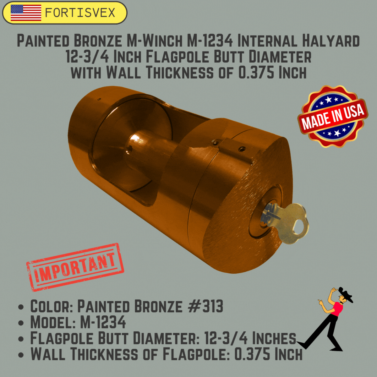 Bronze #313 M-Winch M-1234 Internal Halyard 12-3/4 Inch Flagpole Butt Diameter with Wall Thickness of 0.375 Inch 360025