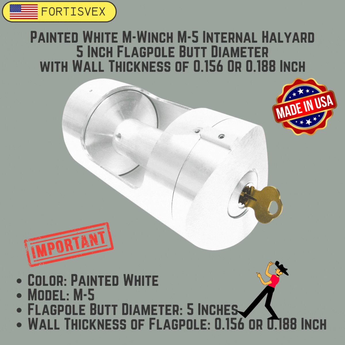 White M-Winch M-5 Internal Halyard 5 Inch Flagpole Butt Diameter with Wall Thickness of 0.156 or 0.188 Inch 360519