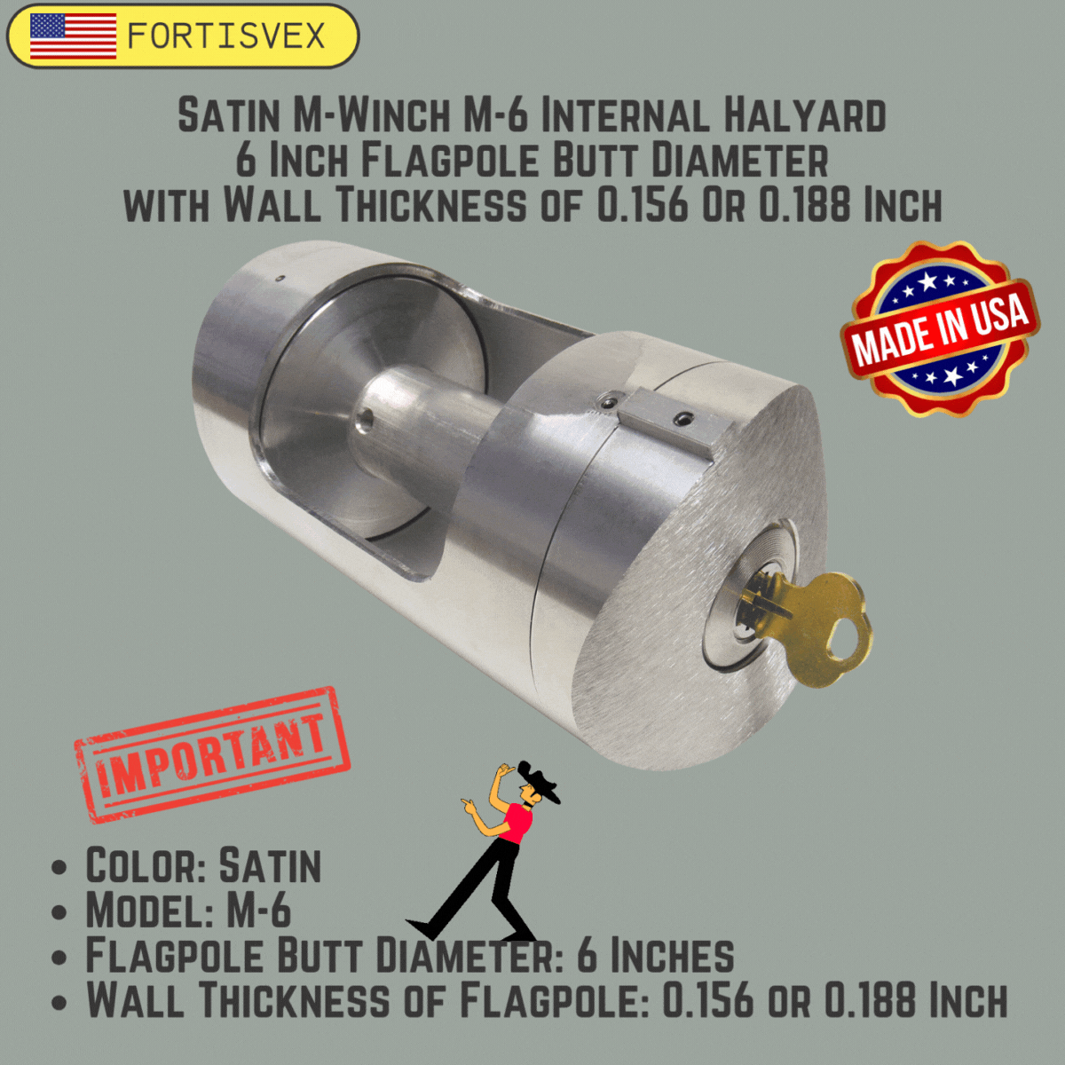Satin M-Winch M-6 Internal Halyard 6 Inch Flagpole Butt Diameter with Wall Thickness of 0.156 or 0.188 Inch 360001