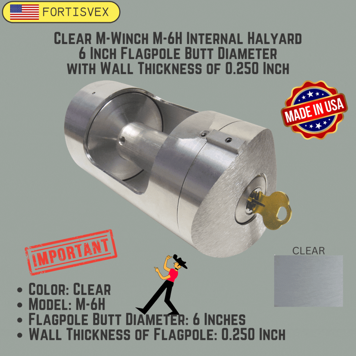 Clear M-Winch M-6H Internal Halyard 6 Inch Flagpole Butt Diameter with Wall Thickness of 0.250 Inch 360502
