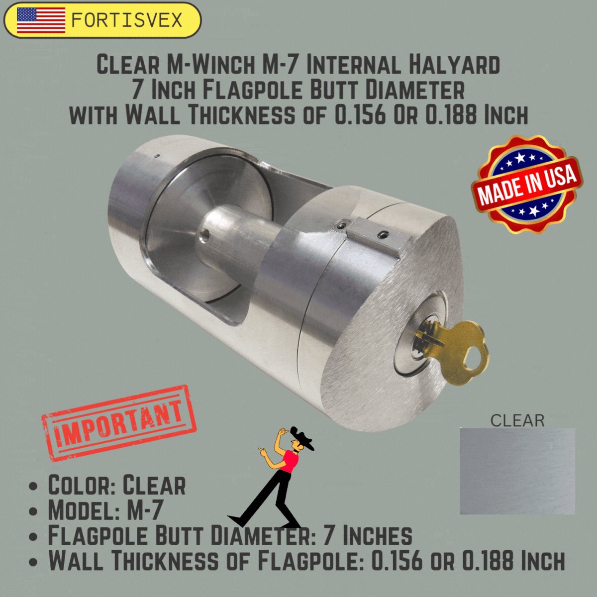 Clear M-Winch M-7 Internal Halyard 7 Inch Flagpole Butt Diameter with Wall Thickness of 0.156 or 0.188 Inch 360011
