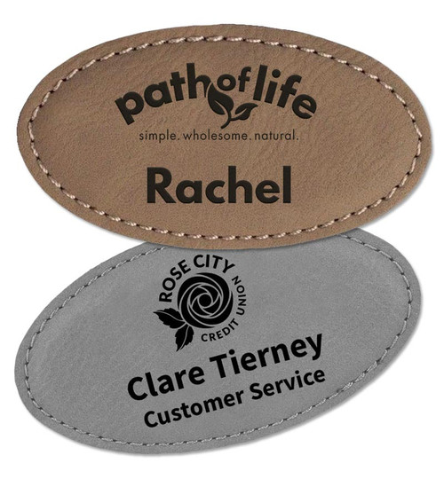 1.75 x 3.25" Engraved Gray and Light Brown Leatherette Name Badges - Oval