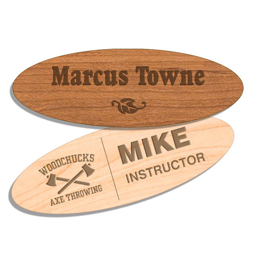 Wood name badges engraved with logo and name and title.